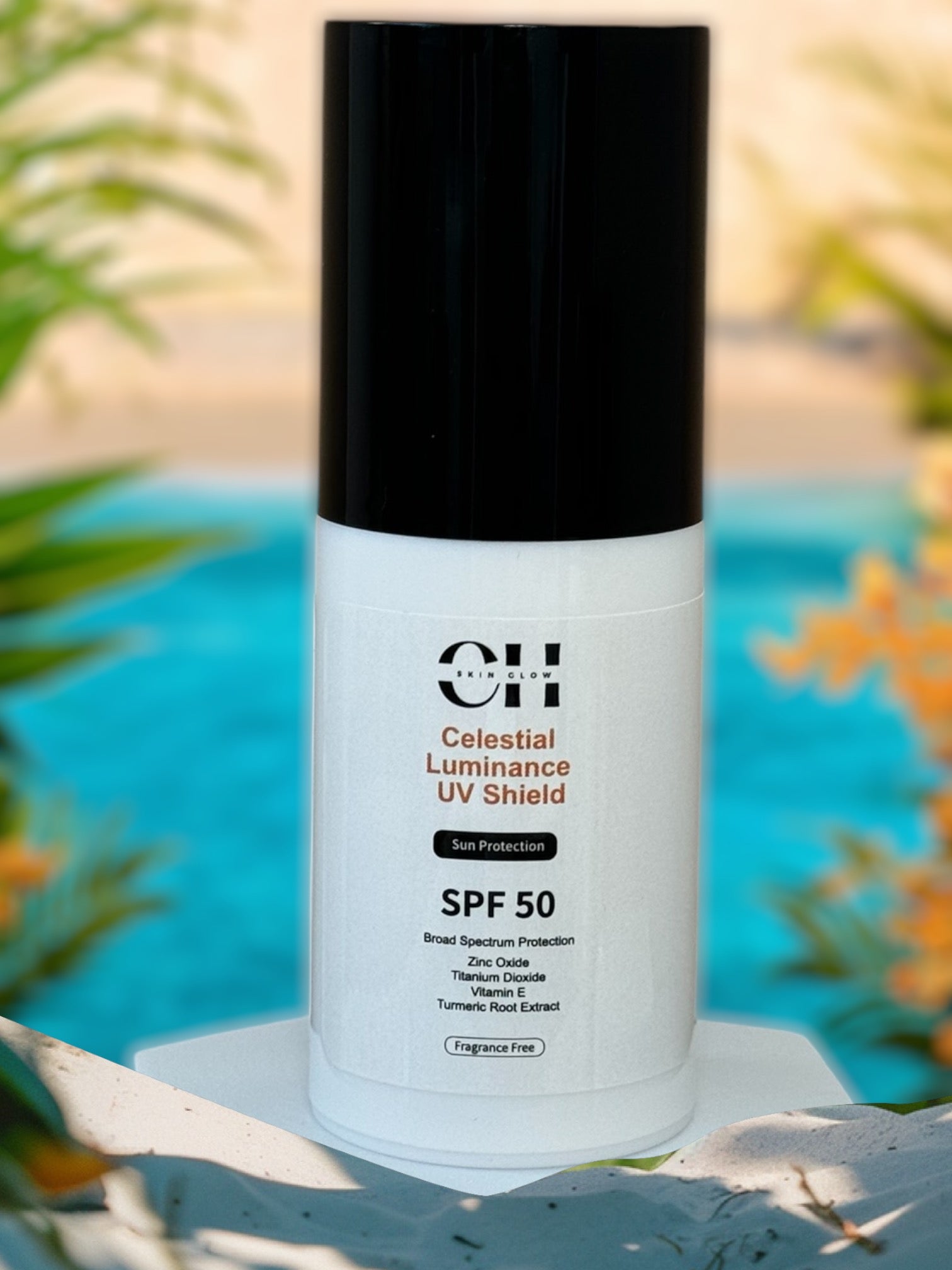 CH Skin Glow Celestial Luminance UV Shield Broad-Spectrum SPF 50 – Minerals, Vit.C, Vit E, Hyaluronic Acid, and Turmeric Root Extract.