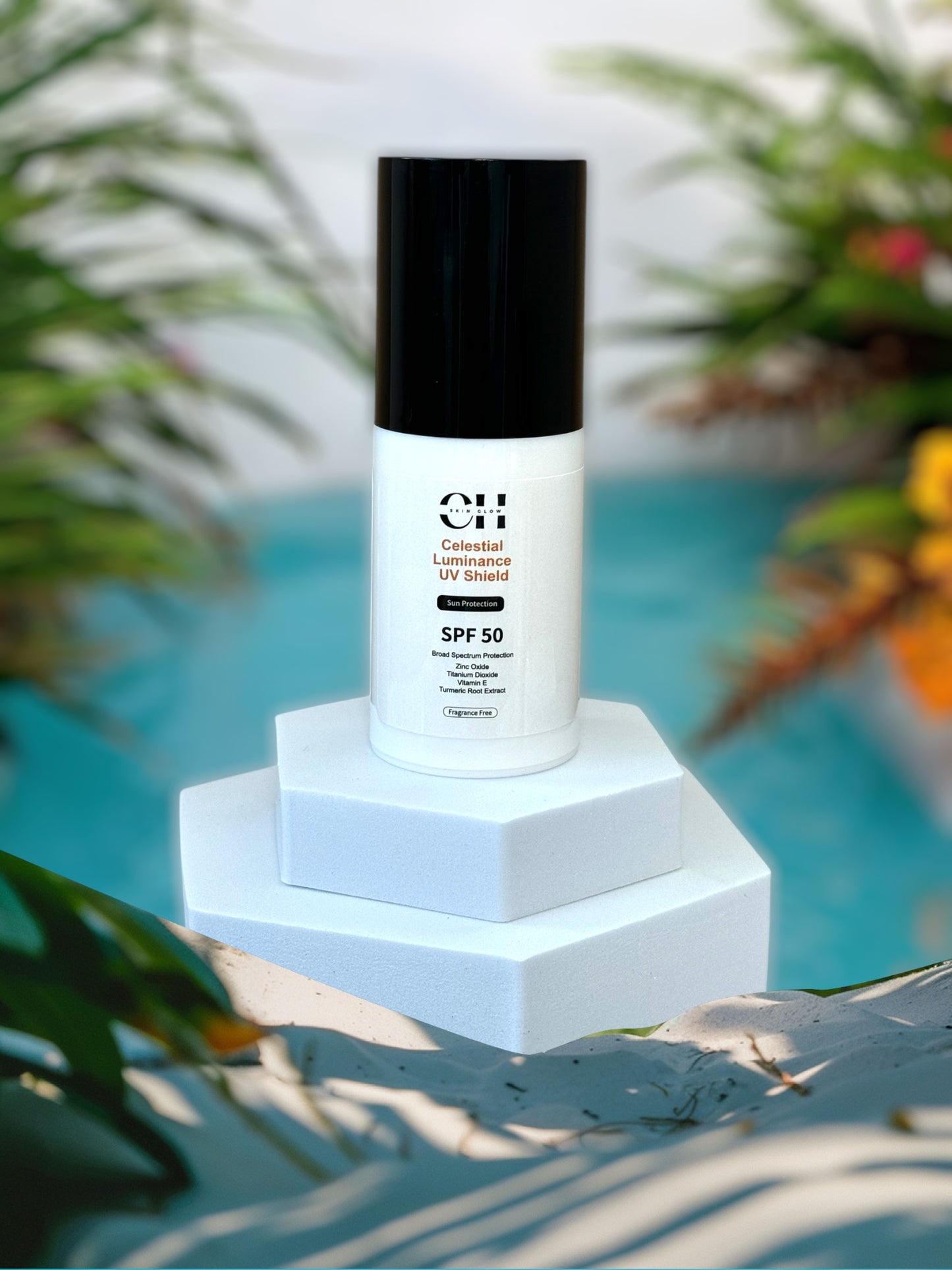 CH Skin Glow Celestial Luminance UV Shield SPF 50 – Mineral sunscreen with Zinc Oxide and Titanium Dioxide for broad-spectrum UVA/UVB protection, enriched with Vitamin E and Turmeric Root Extract to hydrate, calm, and brighten skin without a greasy feel.