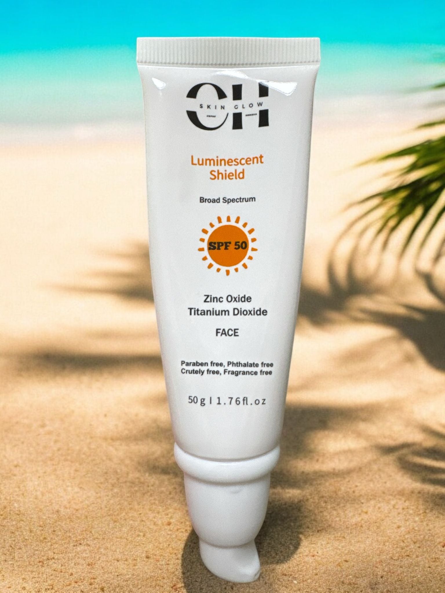 CH Skin Glow Luminescent Shield SPF 50 sunscreen tube, broad-spectrum protection with Zinc Oxide and Titanium Dioxide, paraben-free, phthalate-free, cruelty-free, and fragrance-free, 50g.