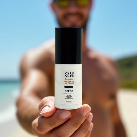 CH Skin Glow Celestial Luminance UV Shield Broad-Spectrum SPF 50 – Minerals, Vit.C, Vit E, Hyaluronic Acid, and Turmeric Root Extract.